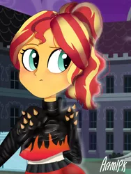 Size: 1800x2400 | Tagged: safe, alternate version, artist:artmlpk, derpibooru import, sunset shimmer, equestria girls, alternate hairstyle, badass, blushing, canterlot high, clothes, confused, cute, eyeshadow, fashion, fiery shimmer, jacket, leather jacket, leggings, makeup, night, ponytail, punk, shimmerbetes, solo, spikes