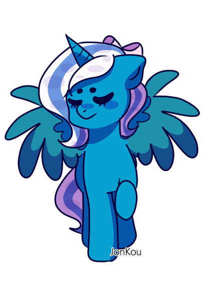 Size: 750x1065 | Tagged: safe, artist:jonkou, derpibooru import, oc, oc:fleurbelle, alicorn, pony, alicorn oc, bow, cute, eyes closed, female, hair bow, horn, mare, sweet, wings