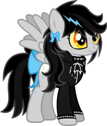 Size: 1056x1248 | Tagged: safe, artist:lightningbolt, derpibooru import, oc, oc:lightning dee, unofficial characters only, pegasus, pony, .svg available, bow, bracelet, bring me the horizon, choker, clothes, colored sclera, fangs, female, hoodie, mare, simple background, smiling, solo, spiked choker, spiked wristband, spread wings, standing, svg, tail bow, transparent background, vector, wings, wristband
