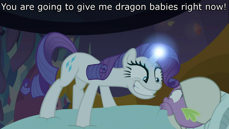 Size: 1920x1080 | Tagged: safe, derpibooru import, edit, edited screencap, screencap, rarity, spike, dragon, pony, unicorn, dragon dropped, caption, female, hat, image macro, imminent interspecies, imminent sex, implied shipping, implied sparity, implied straight, male, nightcap, spike's bed, spike's room, text, winged spike