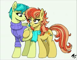 Size: 11176x8724 | Tagged: safe, artist:brekrofmadness, derpibooru import, aunt holiday, auntie lofty, earth pony, pegasus, pony, the last crusade, absurd resolution, clothes, female, holding hooves, lesbian, lofty day, looking at each other, scarf, shipping, smiling, sweater