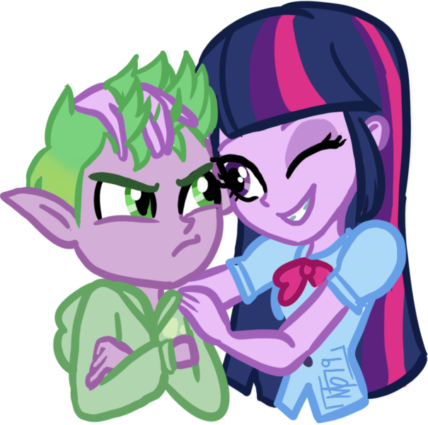 Size: 1333x1322 | Tagged: safe, artist:tassji-s, derpibooru import, spike, twilight sparkle, human, equestria girls, elf ears, friendship, human spike, humanized, platonic, simple background, transparent background