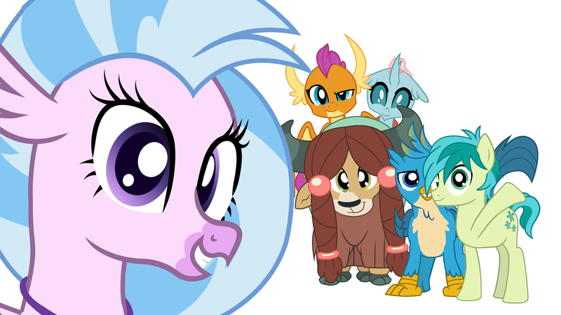 Size: 3840x2160 | Tagged: safe, artist:nightfueled, derpibooru import, gallus, ocellus, sandbar, silverstream, smolder, yona, changedling, changeling, classical hippogriff, dragon, earth pony, gryphon, hippogriff, pony, yak, bow, cloven hooves, dragoness, female, hair bow, jewelry, looking at you, male, monkey swings, necklace, photo, selfie, simple background, smiling, solo focus, student six, teenager, white background, youtube link