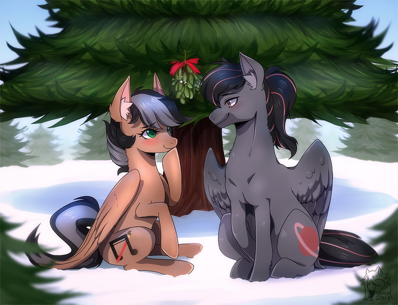 Size: 1100x843 | Tagged: safe, artist:renciel, derpibooru import, oc, oc:antares, oc:artsong, unofficial characters only, pegasus, pony, imminent kissing, mistletoe, tree