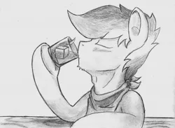 Size: 1380x1008 | Tagged: safe, artist:spackle, derpibooru import, oc, oc:buck evergreen, unofficial characters only, earth pony, pony, alcohol, bandana, blushing, drinking, eyes closed, grayscale, hoof hold, male, monochrome, pencil drawing, simple background, solo, stallion, table, traditional art, white background