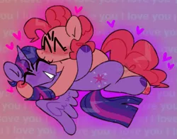 Size: 725x567 | Tagged: safe, artist:incubugs, artist:mega-bugsly, derpibooru import, pinkie pie, twilight sparkle, twilight sparkle (alicorn), alicorn, earth pony, pony, blushing, cute, eyes closed, female, heart, hug, kissing, lesbian, shipping, smiling, twinkie