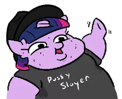 Size: 407x330 | Tagged: safe, artist:jargon scott, artist:threetwotwo32232, derpibooru import, twilight sparkle, pony, acne, brony stereotype, clothes, colored, fat, fedora, hat, obese, shirt, simple background, solo, sweat, t-shirt, twilard sparkle, white background