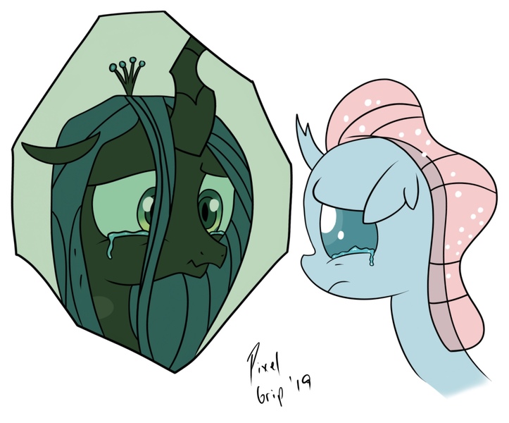 Size: 1545x1283 | Tagged: artist:pixelgrip94, atg 2019, changedling, changeling, changeling queen, derpibooru import, digital art, female, newbie artist training grounds, ocellus, queen chrysalis, reflection, safe, teary eyes, what lies beneath