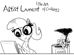 Size: 1250x931 | Tagged: safe, artist:chopsticks, artist:krystalmark, derpibooru import, oc, oc:krystal mark, unofficial characters only, crystal pony, earth pony, pony, comic:artist lament, burning, cooking, drawing, female, glasses, mare, monochrome, oven, smiling, smoke, solo