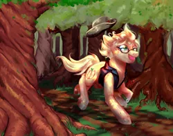 Size: 3500x2760 | Tagged: safe, artist:thewickedvix, derpibooru import, oc, oc:applegeek, unofficial characters only, earth pony, pony, clothes, forest, glasses, hat, high res, male, paint tool sai, running, scenery, solo, stallion, trail, tree, watch