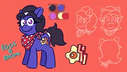 Size: 1920x1080 | Tagged: safe, artist:threetwotwo32232, derpibooru import, oc, oc:eggs and bacon, earth pony, pony, clothes, female, mare, reference sheet, scarf, solo