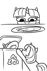 Size: 471x711 | Tagged: safe, artist:jargon scott, derpibooru import, twilight sparkle, unicorn, 2 panel comic, black and white, comic, female, filly, filly twilight sparkle, food, grayscale, monochrome, plate, quesadilla, recycle bin, simple background, solo, they're just so cheesy, twiggie, unicorn twilight, white background, younger