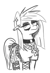 Size: 346x498 | Tagged: safe, artist:jargon scott, derpibooru import, oc, oc:nada phase, unofficial characters only, earth pony, pony, ankh, boots, choker, clothes, ear piercing, earring, eyeshadow, female, fishnets, goth, grayscale, jewelry, lidded eyes, looking at you, makeup, mare, monochrome, necklace, piercing, safety pin, shoes, simple background, smiling, solo, white background