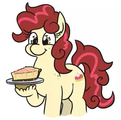 Size: 507x501 | Tagged: safe, artist:jargon scott, derpibooru import, oc, unofficial characters only, earth pony, pony, cake, cheesecake, female, food, hoof hold, mare, simple background, solo, white background