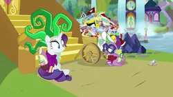 Size: 1920x1080 | Tagged: safe, derpibooru import, screencap, humdrum, mane-iac, rarity, spike, dragon, pony, unicorn, dragon dropped, clothes, cosplay, costume, power ponies, winged spike