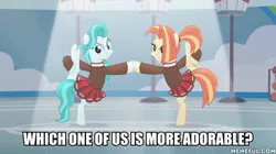 Size: 600x337 | Tagged: safe, derpibooru import, edit, edited screencap, screencap, lighthoof, shimmy shake, earth pony, pony, 2 4 6 greaaat, caption, clothes, cute, female, image macro, lightorable, mare, meme, memeful.com, pleated skirt, ponytail, raised hoof, raised leg, shakeabetes, skirt, sweater, text