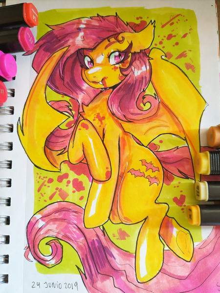 Size: 1920x2560 | Tagged: safe, artist:rayadra, derpibooru import, fluttershy, bat pony, pony, bat ponified, female, flutterbat, race swap, solo, traditional art