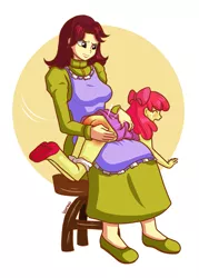 Size: 1024x1427 | Tagged: suggestive, artist:selene-bunny, derpibooru import, apple bloom, human, equestria girls, abuse, apron, ass, bloom butt, bow, breasts, butt, butt touch, clothes, crying, discipline, dress, green dress, green shoes, hand on butt, humanized, margaret, over the knee, panties, panties pulled down, pink dress, red butt, red shoes, scowl, shoes, simple background, skirt, spank mark, spanking, stool, tears of pain, underwear, upskirt, white underwear, yellow background