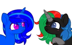 Size: 3000x1885 | Tagged: safe, artist:hoochuu, derpibooru import, oc, oc:blue vector, oc:thinkpony, unofficial characters only, pony, unicorn, blushing, cute, female, horn, mare