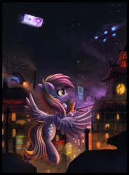 Size: 1511x2048 | Tagged: safe, artist:atlas-66, derpibooru import, derpy hooves, pegasus, pony, city, cyberpunk, cyrillic, female, flying, food, groceries, japanese, mare, night, russian, solo, spread wings, wings