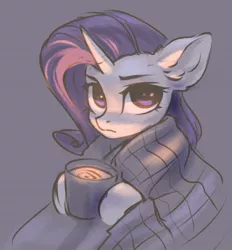 Size: 688x742 | Tagged: safe, artist:inowiseei, derpibooru import, rarity, pony, unicorn, blanket, chocolate, drink, female, food, gray background, hot chocolate, looking at you, mare, mug, serious, serious face, simple background, solo