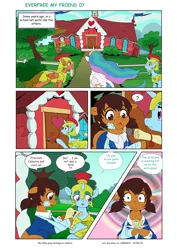 Size: 6611x9344 | Tagged: safe, artist:jeremy3, derpibooru import, princess celestia, oc, oc:miss becky, alicorn, earth pony, pegasus, pony, unicorn, comic:everfree, comic:everfree my friend, bandage, cast, clothes, comic, knocking, playground, royal guard, school, scroll, tree