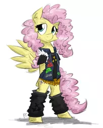 Size: 1652x2030 | Tagged: safe, artist:flutterthrash, derpibooru import, fluttershy, pegasus, pony, 80s, alternate hairstyle, anthrax, bipedal, clothes, fashion, kreator, leg warmers, megadeth, metal, metalshy, nuclear assault, overkill (band), slayer, sodom (band), solo