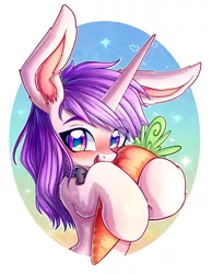 Size: 1000x1289 | Tagged: safe, artist:chaosangeldesu, derpibooru import, oc, oc:lapush buns, unofficial characters only, bunnycorn, pony, unicorn, blushing, bunny ears, bust, carrot, cute, food, simple background, smiling, solo