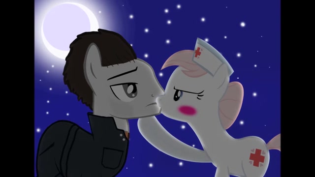 Size: 640x360 | Tagged: safe, artist:mylittleponymix13, derpibooru import, nurse redheart, earth pony, blushing, clothes, crossover, crossover shipping, cute, duo, female, heartabetes, jumpsuit, kissing, male, mare, mask, michael myers, moon, moonlight, night, shipping, stallion, stars, wat