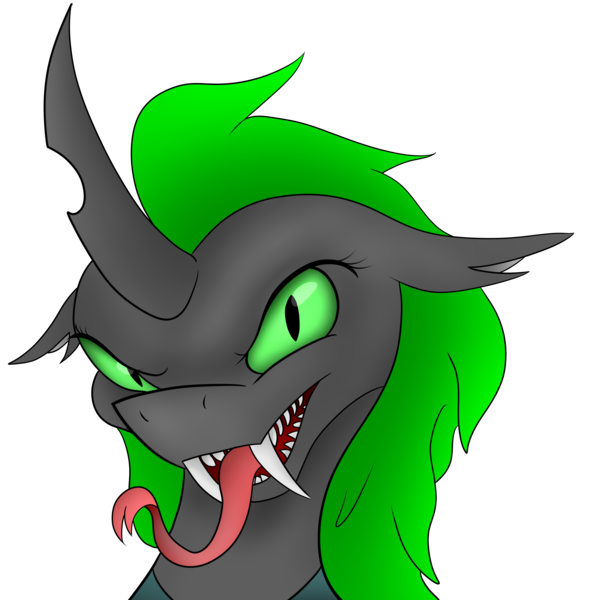 Size: 3992x4068 | Tagged: safe, artist:atomfliege, derpibooru import, oc, oc:roodaka, unofficial characters only, changeling, bust, changeling oc, female, green changeling, green eyes, looking at you, simple background, solo, teeth, tongue out