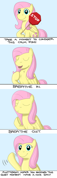 Size: 1080x3360 | Tagged: safe, artist:hoofclid, derpibooru import, fluttershy, pegasus, pony, breathing, calm, comic, cute, eyes closed, keep calm, positive ponies, simple background, solo, stop sign, text, wave, waving, wholesome