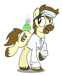 Size: 492x600 | Tagged: safe, artist:spainfischer, derpibooru import, oc, oc:calpain, unofficial characters only, earth pony, pony, beaker, clothes, goggles, lab coat, solo