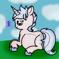 Size: 800x800 | Tagged: safe, artist:preggyponies-4u, derpibooru import, oc, oc:frosty cream, butterfly, pony, unicorn, belly, cloud, cute, female, grass, mare, outdoors, pregnant