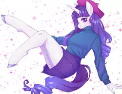 Size: 3300x2550 | Tagged: safe, artist:fernybee, derpibooru import, rarity, anthro, unguligrade anthro, unicorn, sweet and elite, beatnik rarity, beret, clothes, cute, female, hat, legs, mare, miniskirt, moe, pleated skirt, skirt, solo, sweater, unshorn fetlocks