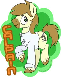 Size: 479x600 | Tagged: source needed, useless source url, safe, artist:spainfischer, derpibooru import, oc, oc:calpain, unofficial characters only, earth pony, pony, clothes, lab coat, solo, text, unshorn fetlocks