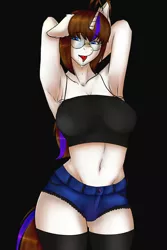 Size: 1600x2400 | Tagged: suggestive, artist:nikol_avel_bervet, derpibooru import, oc, oc:crystal lens, unofficial characters only, anthro, unicorn, arm behind head, armpits, belly button, breasts, clothes, female, glasses, leggings, mare, open mouth, pinup, salivating, short jeans, solo, stretching, tanktop, tongue out, zettai ryouiki
