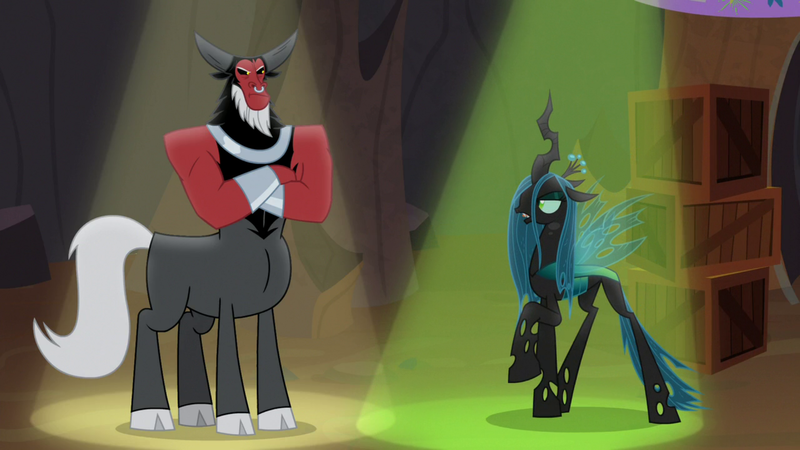 Size: 1920x1080 | Tagged: better way to be bad, bracer, centaur, changeling, changeling queen, cloven hooves, colored hooves, crossed arms, crown, derpibooru import, duo, duo male and female, evil lair, female, frenemies (episode), frown, grogar's lair, jewelry, lair, lord tirek, male, mare, nose piercing, nose ring, open mouth, piercing, queen chrysalis, regalia, safe, screencap, spotlight, standing, walking