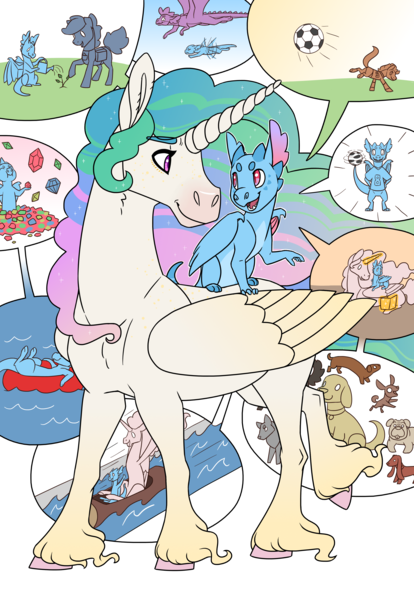 Size: 2420x3508 | Tagged: safe, artist:jackiebloom, derpibooru import, princess celestia, oc, oc:pyre, alicorn, dog, dragon, pony, adopted offspring, colored hooves, duo, female, intersex, mare, missing accessory, momlestia, mother and child, mother and daughter, offspring, parent:princess celestia, parent:princess ember, pictogram, prone, speech bubble, unshorn fetlocks, water slide