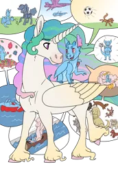 Size: 2420x3508 | Tagged: safe, artist:jackiebloom, derpibooru import, princess celestia, oc, oc:pyre, alicorn, dog, dragon, pony, adopted offspring, colored hooves, duo, female, intersex, mare, missing accessory, momlestia, mother and child, mother and daughter, offspring, parent:princess celestia, parent:princess ember, pictogram, prone, speech bubble, unshorn fetlocks, water slide