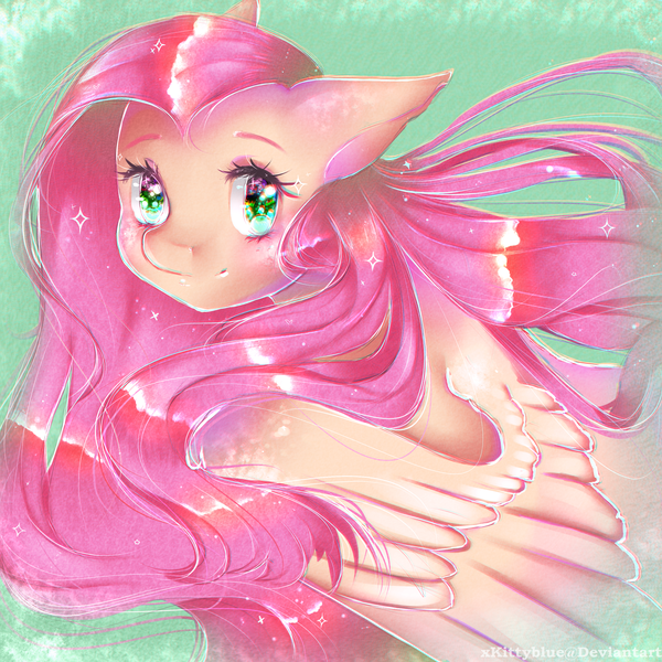 Size: 3000x3000 | Tagged: safe, artist:xkittyblue, derpibooru import, fluttershy, pegasus, pony, bust, female, looking at you, mare, portrait, smiling, solo, sparkles, three quarter view, wings