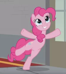 Size: 576x647 | Tagged: safe, derpibooru import, screencap, pinkie pie, earth pony, pony, the last laugh, cropped, cute, diapinkes, female, mare, raised leg, smiling, solo, standing, standing on one leg