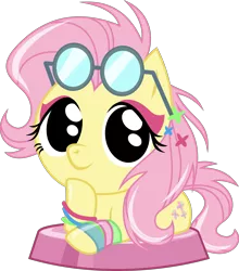 Size: 2729x3098 | Tagged: safe, artist:phucknuckl, derpibooru import, fluttershy, pegasus, pony, my little pocket ponies, 80s, alternate hairstyle, bracelet, chibi, cute, eyeshadow, female, glasses, glasses off, hair ornament, hoof on chin, hoofgazer fluttershy, jewelry, looking at you, makeup, mare, neon bracelet, no pupils, pocket ponies, retro, shyabetes, simple background, smiling, solo, three quarter view, transparent background, wristband