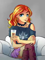 Size: 832x1112 | Tagged: source needed, safe, artist:gsphere, derpibooru import, sunset shimmer, human, equestria girls, champagne, champagne glass, clothes, collar, couch, crossed arms, crossed legs, dog tags, ear piercing, earring, female, glass, humanized, jewelry, love seat, piercing, skirt, smiling, socks, solo, spiked collar, stockings, thigh highs, thighs, torn clothes, wine glass