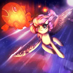 Size: 1900x1900 | Tagged: safe, artist:kizokukokoro, derpibooru import, fluttershy, fish, goldfish, pegasus, pony, amazed, female, flying, looking at something, looking up, mare, night, open mouth, spread wings, windswept mane, wings