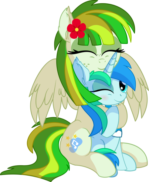 Size: 6249x7632 | Tagged: safe, artist:cyanlightning, derpibooru import, oc, oc:cyan lightning, oc:green lightning, unofficial characters only, pegasus, pony, unicorn, .svg available, absurd resolution, blushing, clothes, colt, cute, duo, eyes closed, female, flower, flower in hair, hug, male, mare, mother and child, mother and son, ocbetes, scarf, simple background, smiling, spread wings, transparent background, vector, wings