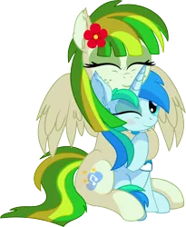 Size: 6249x7632 | Tagged: safe, artist:cyanlightning, derpibooru import, oc, oc:cyan lightning, oc:green lightning, unofficial characters only, pegasus, pony, unicorn, .svg available, absurd resolution, blushing, clothes, colt, cute, duo, eyes closed, female, flower, flower in hair, hug, male, mare, mother and child, mother and son, ocbetes, scarf, simple background, smiling, spread wings, transparent background, vector, wings