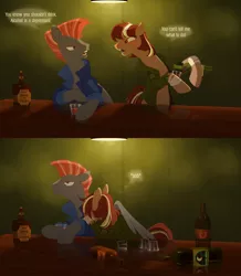 Size: 3480x4000 | Tagged: safe, artist:mellowhen, derpibooru import, oc, oc:hotshot, oc:roulette, unofficial characters only, earth pony, pegasus, pony, fallout equestria, alcohol, apathy, bar, comforting, comic, crying, dialogue, drink, drunk, empty bottles, female, lamp, lighting, male, mare, panel, pouring, sad, shadow, speech bubble, stallion
