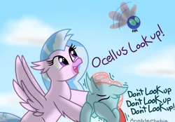 Size: 2249x1561 | Tagged: anablephobia, artist:rainbow eevee, atg 2019, changedling, changeling, classical hippogriff, cloud, cute, daaaaaaaaaaaw, derpibooru import, dialogue, diastreamies, duo, eyes closed, fear, hippogriff, hooves on face, newbie artist training grounds, ocellus, parasprite, phobia, safe, scared, shivering, silverstream, sky, text