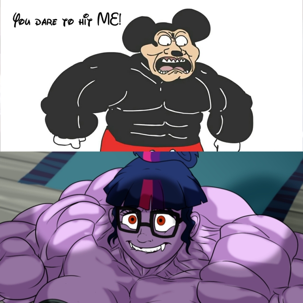 Size: 2560x2560 | Tagged: safe, artist:atariboy2600, artist:bluecarnationstudios, derpibooru import, edit, sci-twi, twilight sparkle, equestria girls, angry, breasts, comparison, glasses, lip bite, meme, mickey mouse, mokey, mokey's show, muscles, overdeveloped muscles, red eyes, sr pelo, twilight muscle