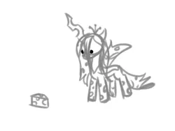 Size: 1600x1200 | Tagged: safe, artist:hopefulsparks, derpibooru import, queen chrysalis, changeling, changeling queen, pony, cheese, cheeselegs, chibi, cute, cutealis, doodle, female, food, meme, monochrome, simple background, sketch, solo
